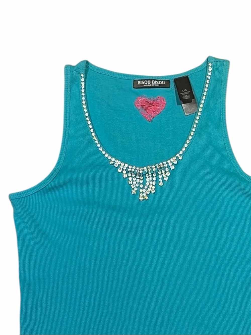 Bisou Bisou Teal Ribbed Tank with Rhinestone Fringe